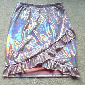 SHEIN pink shiny holographic ruffle mini skirt - Y2K style and festival ready!